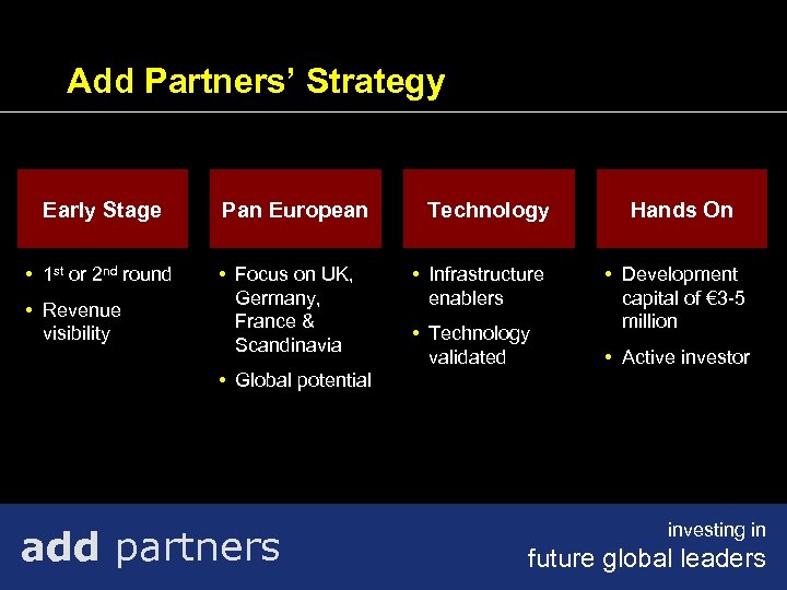 Add Partners’ Strategy Early Stage • 1 st or 2 nd round • Revenue