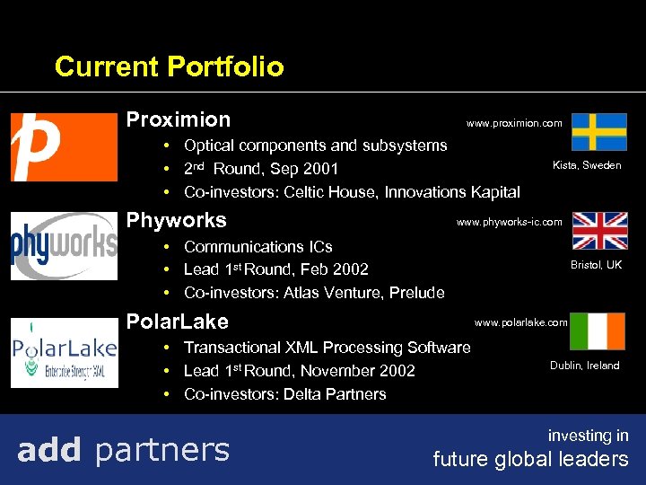 Current Portfolio Proximion www. proximion. com • Optical components and subsystems • 2 nd