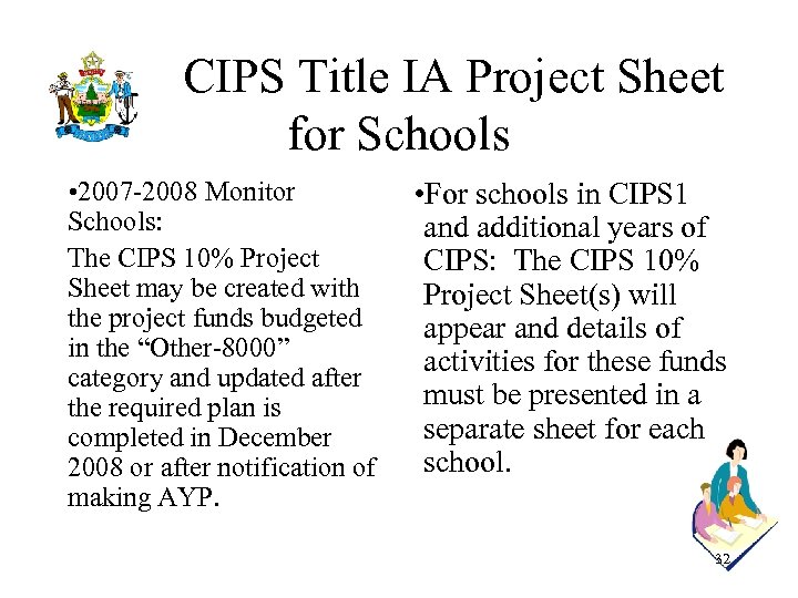  CIPS Title IA Project Sheet for Schools • 2007 -2008 Monitor Schools: The