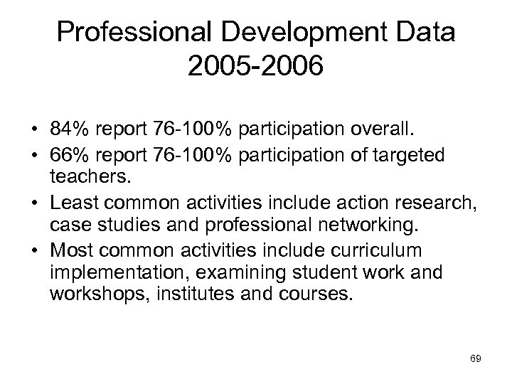 Professional Development Data 2005 -2006 • 84% report 76 -100% participation overall. • 66%