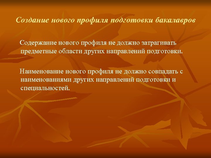 Создание нового профиля подготовки бакалавров Содержание нового профиля не должно затрагивать предметные области других