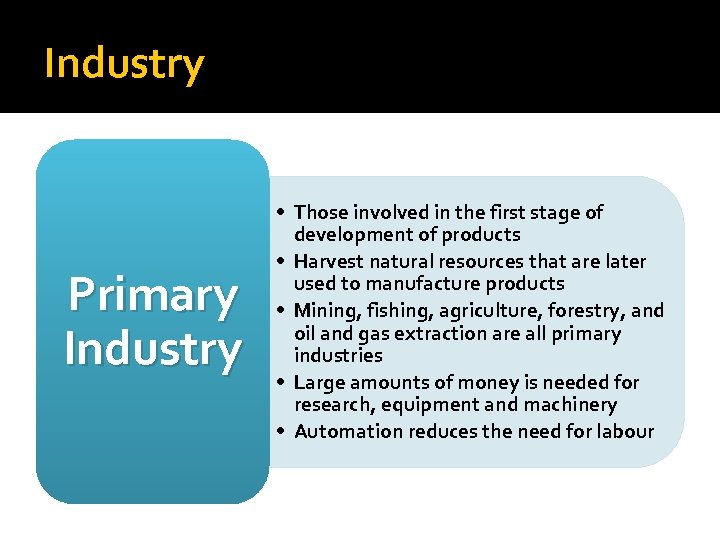 Industry Primary Industry • Those involved in the first stage of development of products