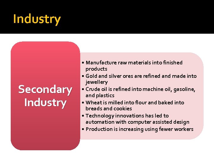 Industry Secondary Industry • Manufacture raw materials into finished products • Gold and silver
