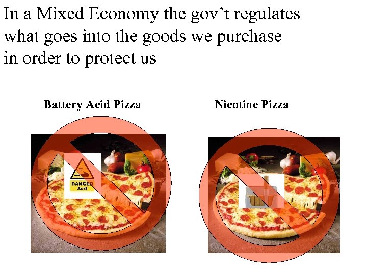 In a Mixed Economy the gov’t regulates what goes into the goods we purchase