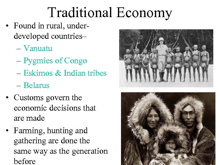 Traditional Economy • Found in rural, underdeveloped countries– – Vanuatu – Pygmies of Congo