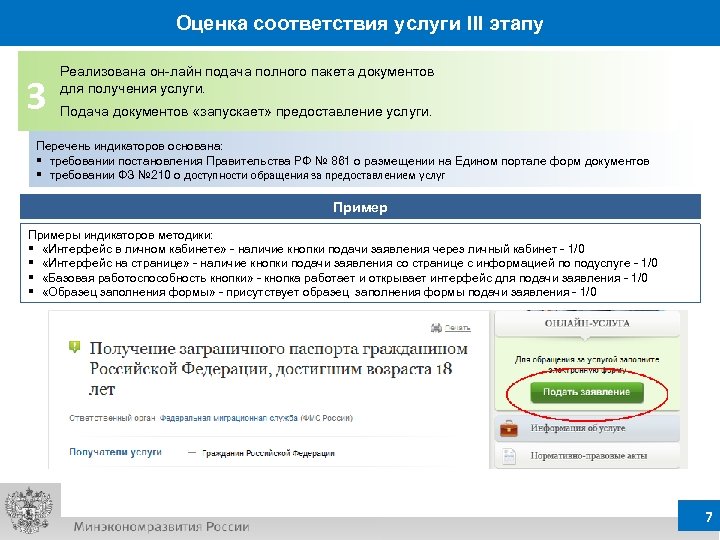 Оценка соответствия услуги III этапу 3 Реализована он-лайн подача полного пакета документов для получения