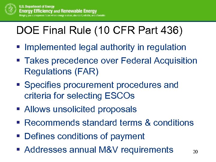 DOE Final Rule (10 CFR Part 436) § Implemented legal authority in regulation §