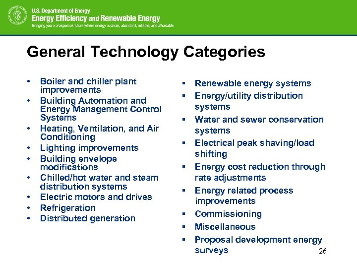 General Technology Categories • • • Boiler and chiller plant improvements Building Automation and