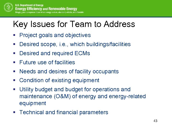 Key Issues for Team to Address § Project goals and objectives § Desired scope,