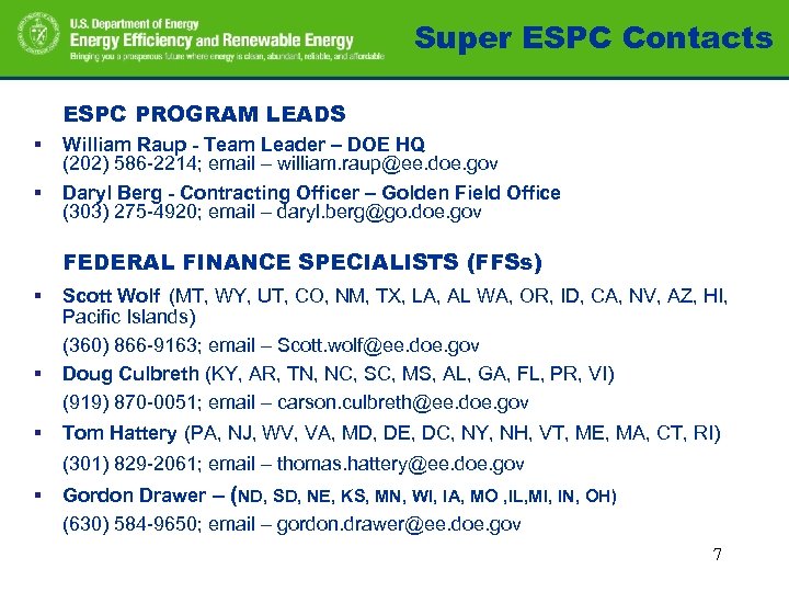 Super ESPC Contacts ESPC PROGRAM LEADS § § William Raup - Team Leader –