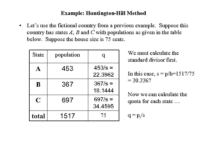 Example: Huntington-Hill Method • Let’s use the fictional country from a previous example. Suppose