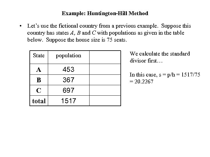 Example: Huntington-Hill Method • Let’s use the fictional country from a previous example. Suppose