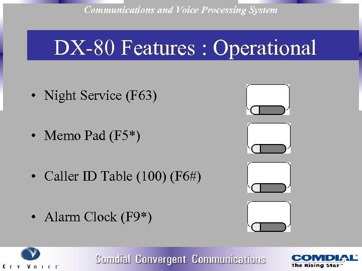 Communications and Voice Processing System DX 80 Features : Operational • Night Service (F
