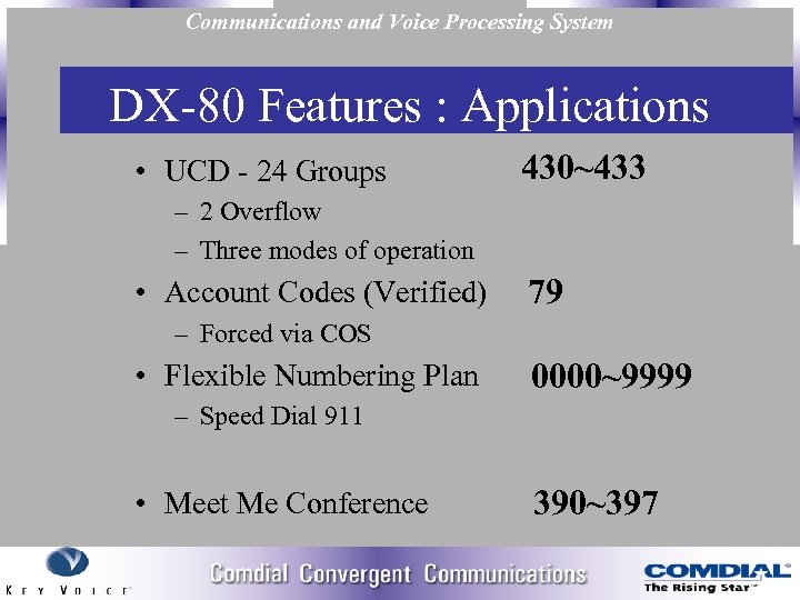 Communications and Voice Processing System DX 80 Features : Applications • UCD 24 Groups