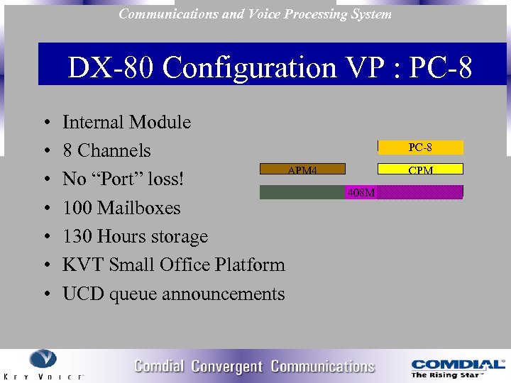 Communications and Voice Processing System DX 80 Configuration VP : PC 8 • •