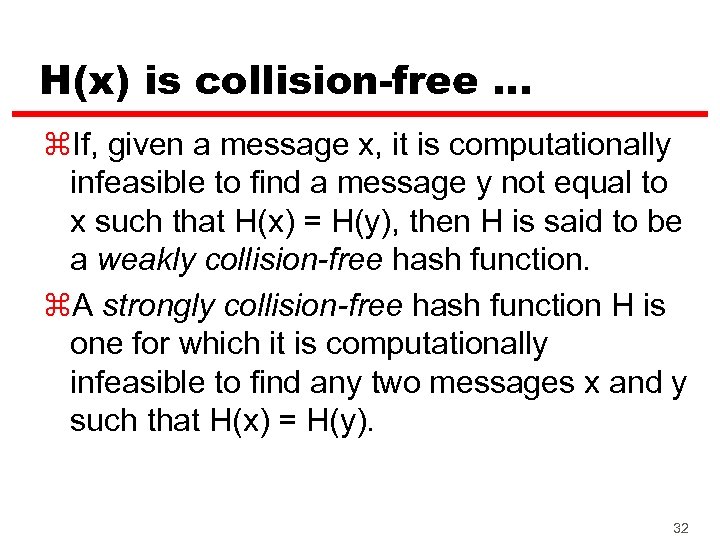 H(x) is collision-free. . . z. If, given a message x, it is computationally