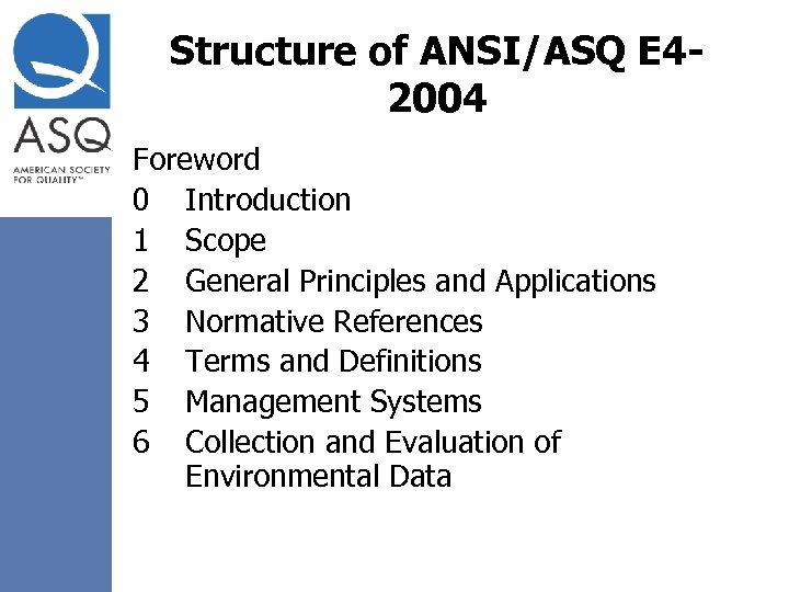 Structure of ANSI/ASQ E 42004 Foreword 0 Introduction 1 Scope 2 General Principles and