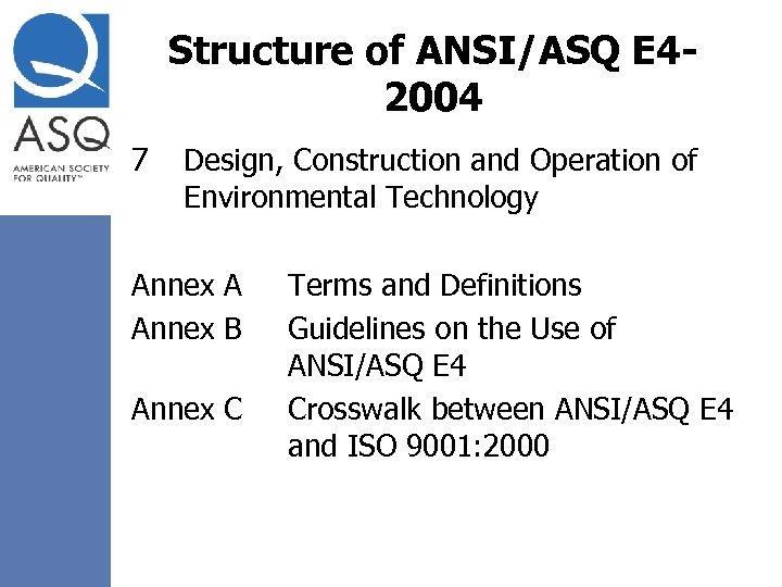 Structure of ANSI/ASQ E 42004 7 Design, Construction and Operation of Environmental Technology Annex