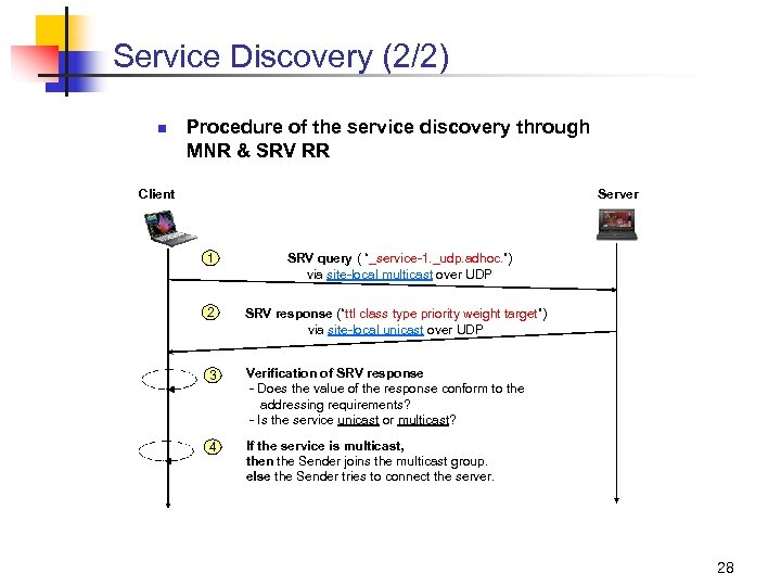Service Discovery (2/2) n Procedure of the service discovery through MNR & SRV RR