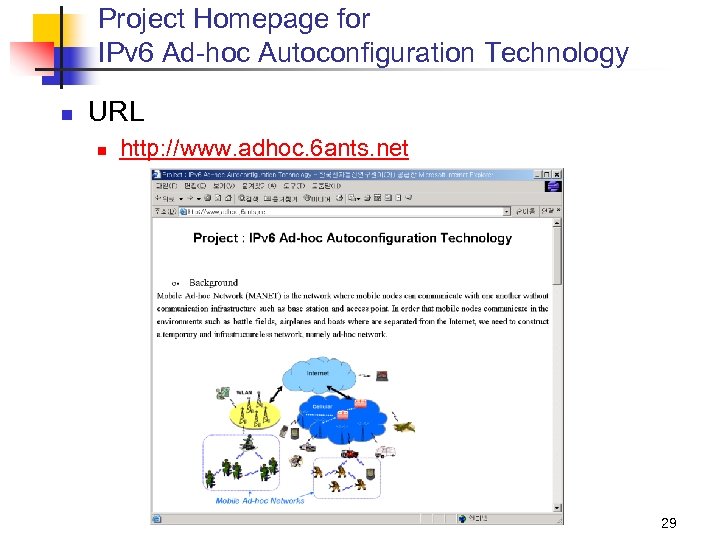 Project Homepage for IPv 6 Ad-hoc Autoconfiguration Technology n URL n http: //www. adhoc.