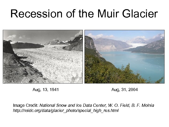 Recession of the Muir Glacier Aug, 13, 1941 Aug, 31, 2004 Image Credit: National