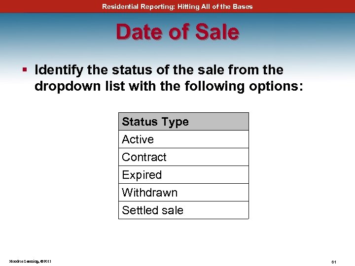 Residential Reporting: Hitting All of the Bases Date of Sale § Identify the status