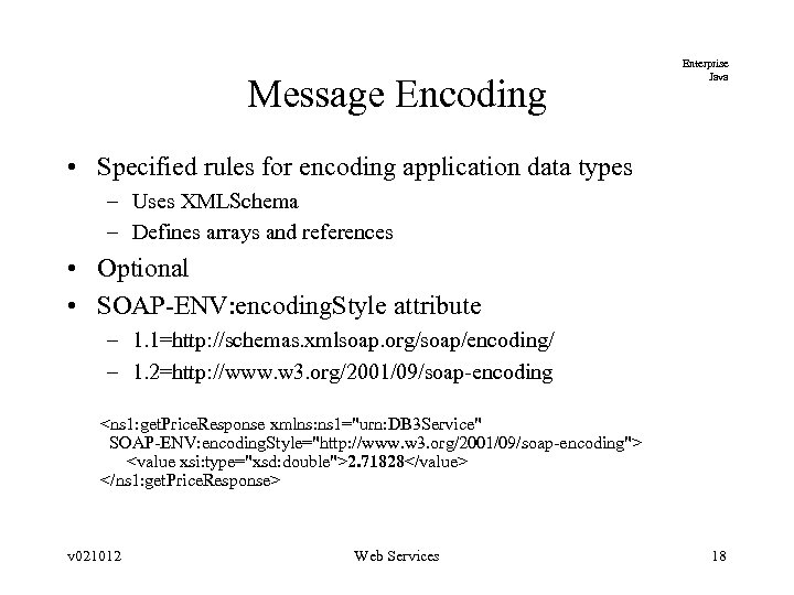 Message Encoding Enterprise Java • Specified rules for encoding application data types – Uses