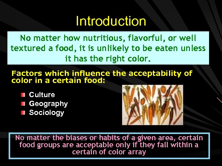 Introduction No matter how nutritious, flavorful, or well textured a food, it is unlikely