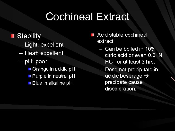 Cochineal Extract Stability – Light: excellent – Heat: excellent – p. H: poor Orange
