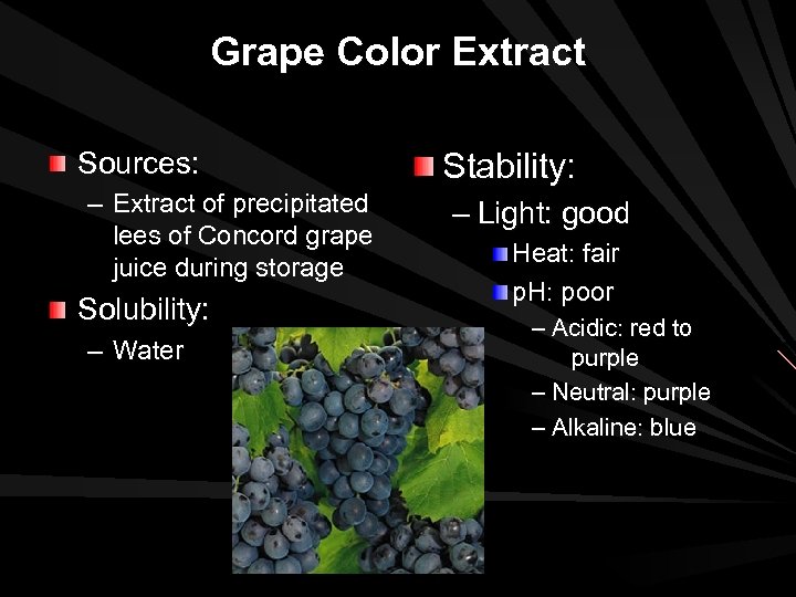 Grape Color Extract Sources: – Extract of precipitated lees of Concord grape juice during
