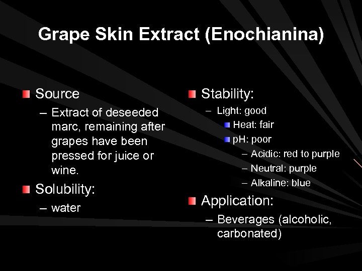 Grape Skin Extract (Enochianina) Source – Extract of deseeded marc, remaining after grapes have