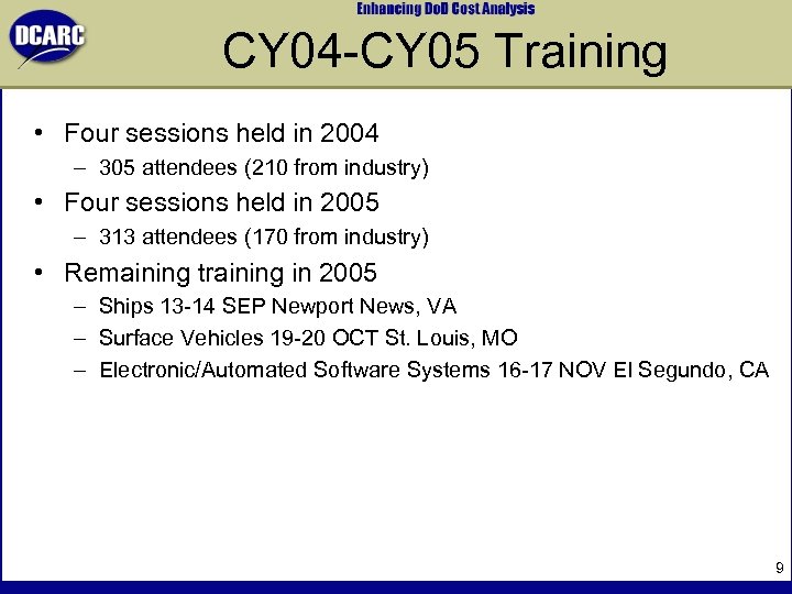 CY 04 -CY 05 Training • Four sessions held in 2004 – 305 attendees