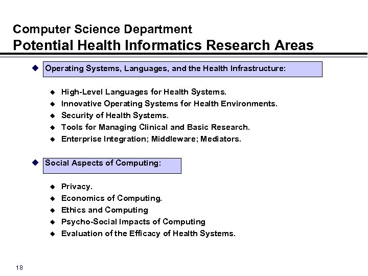 Computer Science Department Potential Health Informatics Research Areas u Operating Systems, Languages, and the