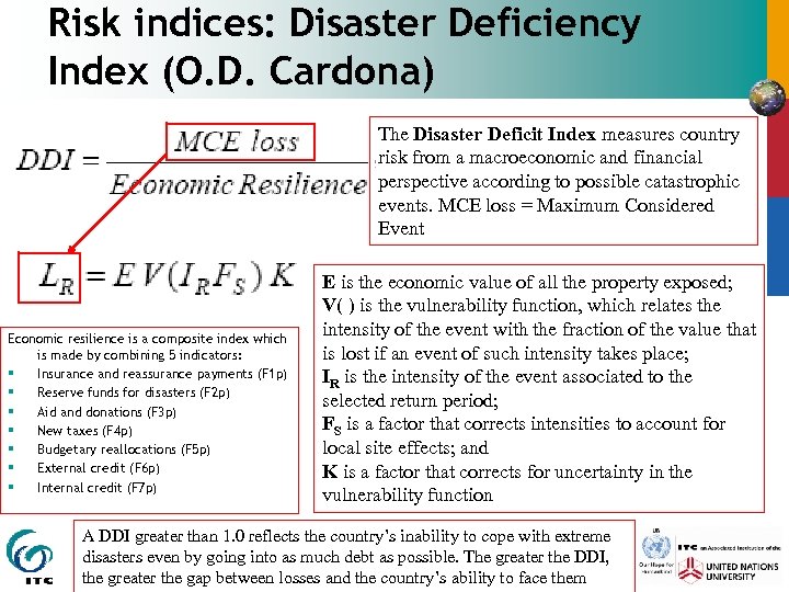 Risk indices: Disaster Deficiency Index (O. D. Cardona) The Disaster Deficit Index measures country