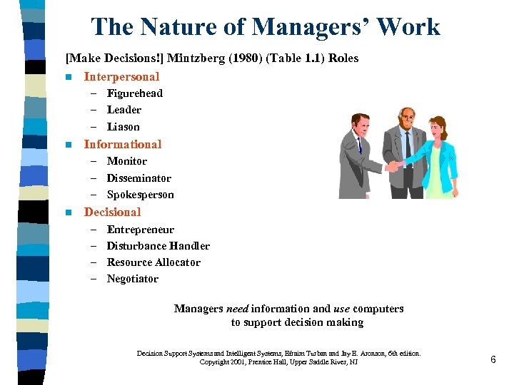 The Nature of Managers’ Work [Make Decisions!] Mintzberg (1980) (Table 1. 1) Roles n