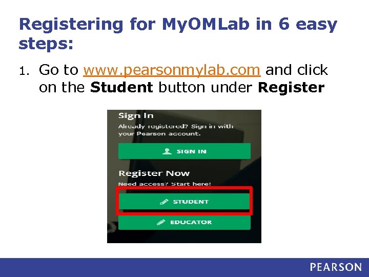 Registering for My. OMLab in 6 easy steps: 1. Go to www. pearsonmylab. com