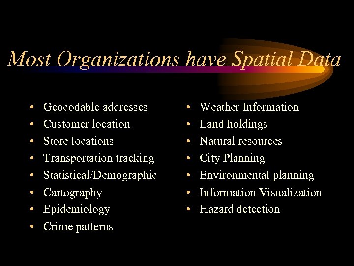 Most Organizations have Spatial Data • • Geocodable addresses Customer location Store locations Transportation