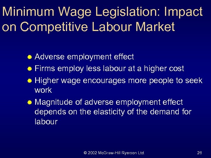 Minimum Wage Legislation: Impact on Competitive Labour Market ® Adverse employment effect ® Firms
