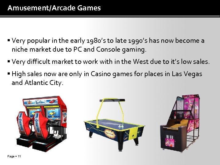 Amusement/Arcade Games Very popular in the early 1980’s to late 1990’s has now become