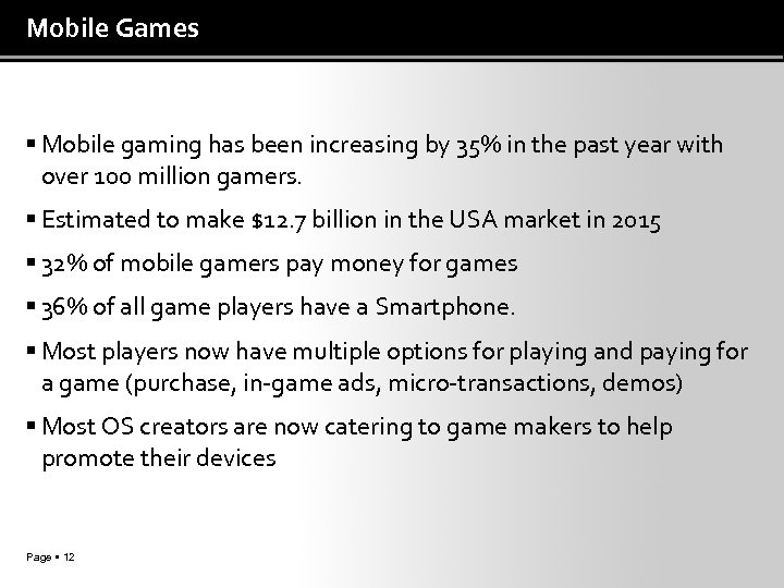 Mobile Games Mobile gaming has been increasing by 35% in the past year with