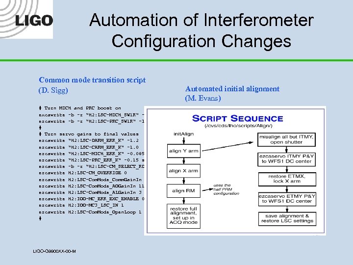 Automation of Interferometer Configuration Changes Common mode transition script (D. Sigg) Automated initial alignment