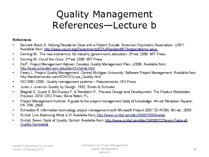 Quality Management References—Lecture b References • Bennett-Staub A. Helping Residents Cope with a Patient