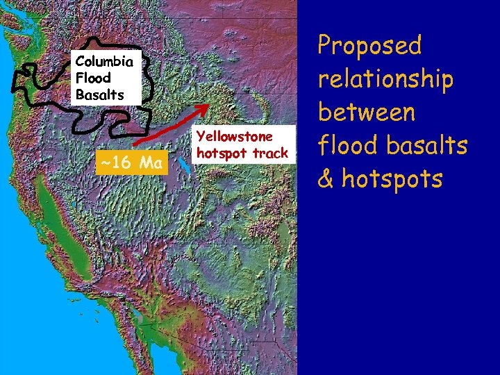 Columbia Flood Basalts ~16 Ma Yellowstone hotspot track Proposed relationship between flood basalts &