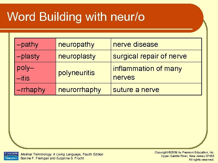 Word Building with neur/o –pathy neuropathy nerve disease –plasty neuroplasty surgical repair of nerve