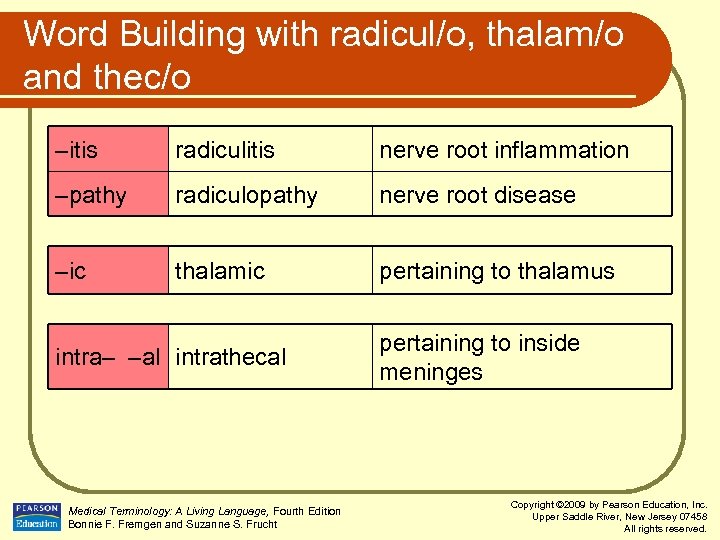 Word Building with radicul/o, thalam/o and thec/o –itis radiculitis nerve root inflammation –pathy radiculopathy