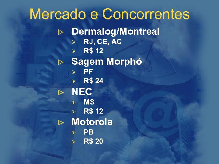 Mercado e Concorrentes > Dermalog/Montreal Ø Ø RJ, CE, AC R$ 12 > Sagem