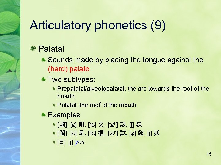 Articulatory phonetics (9) Palatal Sounds made by placing the tongue against the (hard) palate