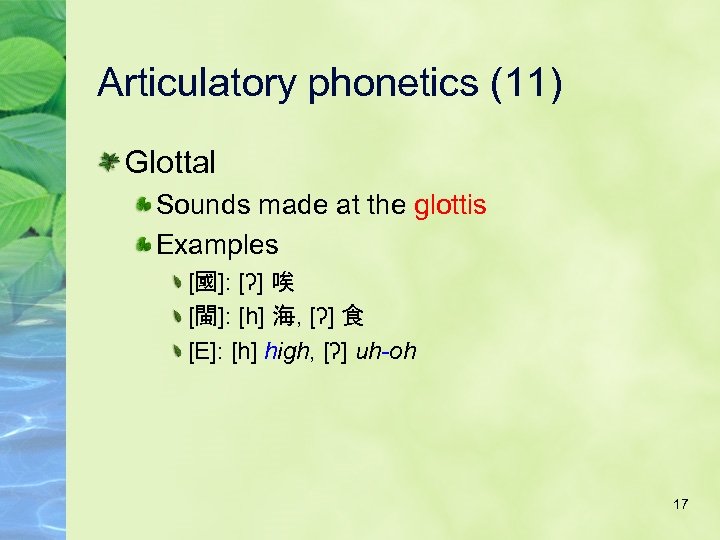 Articulatory phonetics (11) Glottal Sounds made at the glottis Examples [國]: [ʔ] 唉 [閩]:
