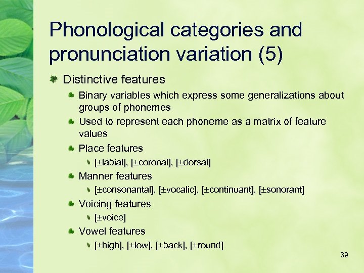 Phonological categories and pronunciation variation (5) Distinctive features Binary variables which express some generalizations