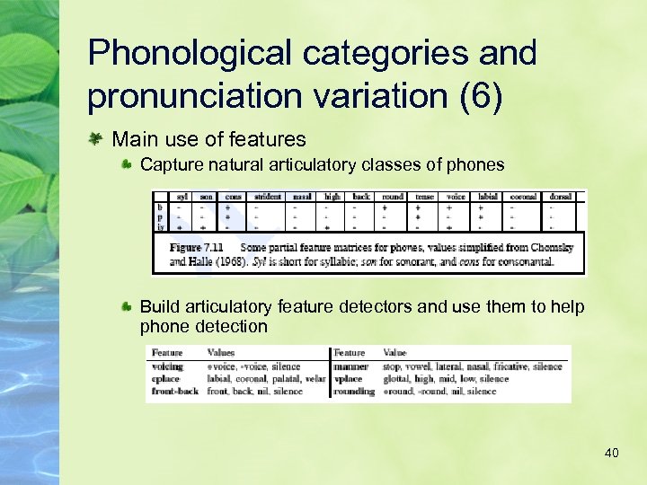 Phonological categories and pronunciation variation (6) Main use of features Capture natural articulatory classes